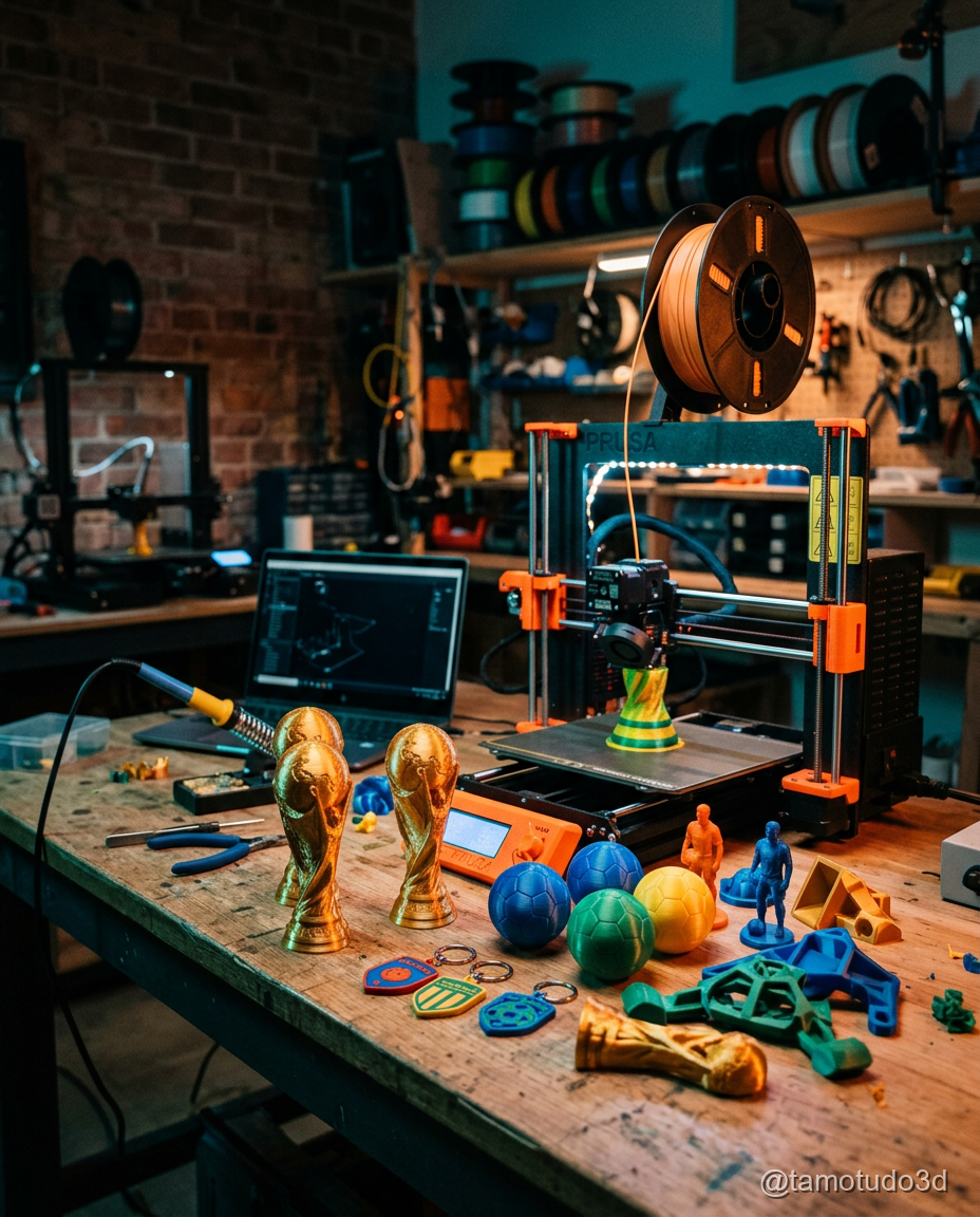 Mini troféu dourado da Copa 2026 impresso em PLA Silk sobre mesa de impressão 3D