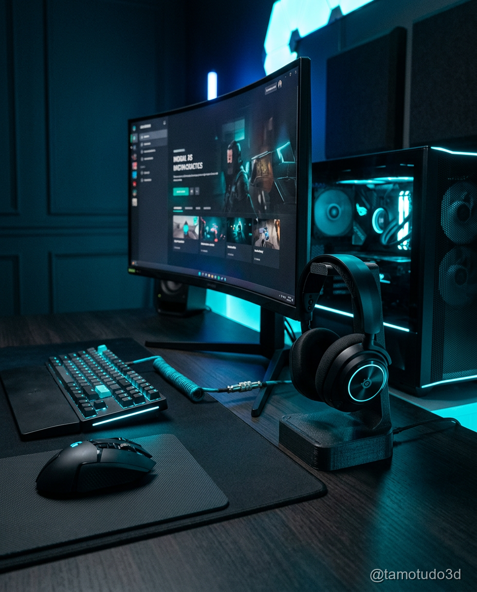 Suporte articulado para headset gamer impresso em filamento preto