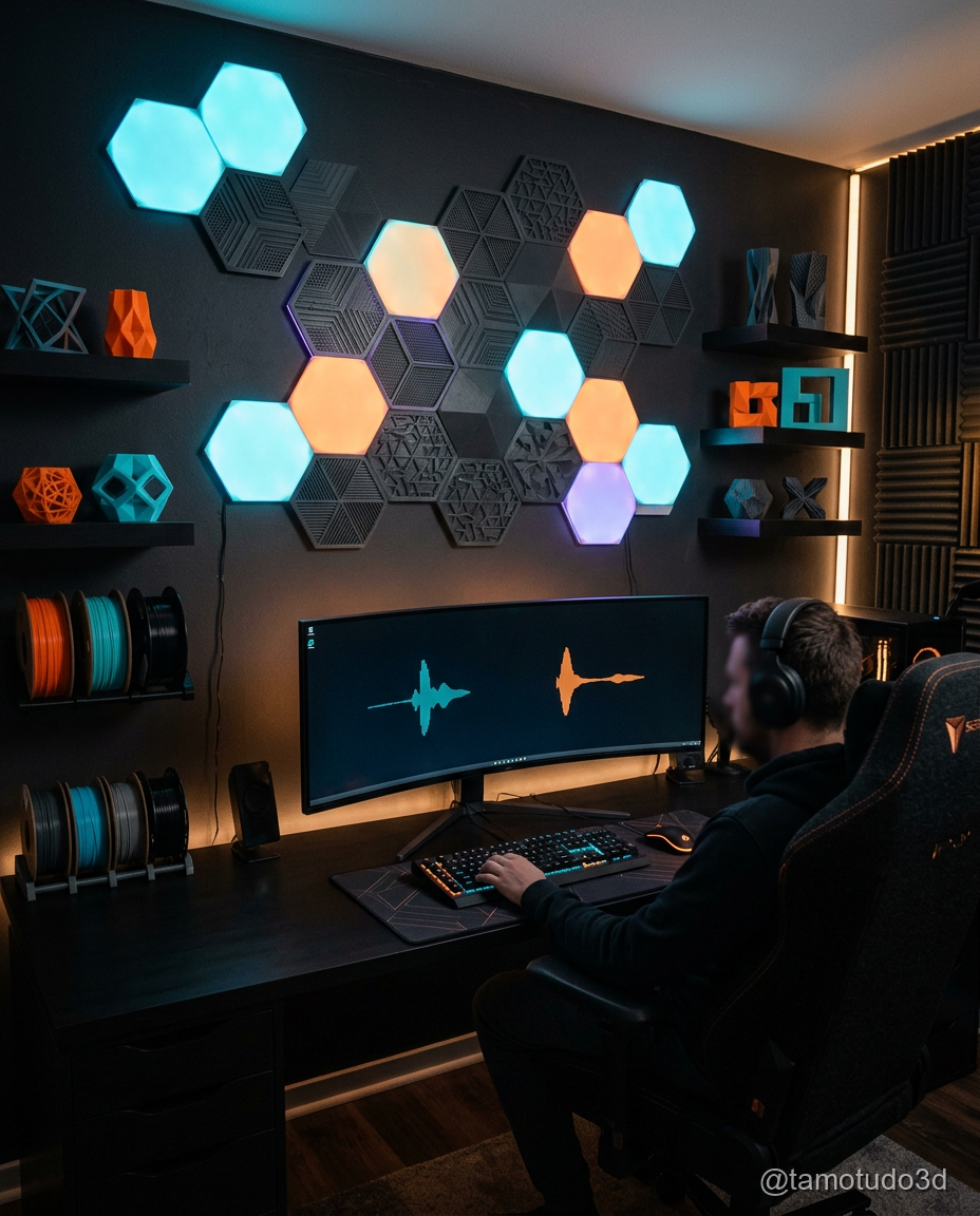 Luminárias hexagonais modulares impressas em PLA branco e preto