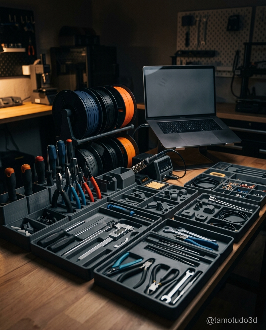 Sistema Gridfinity modular organizando ferramentas e acessórios de mesa