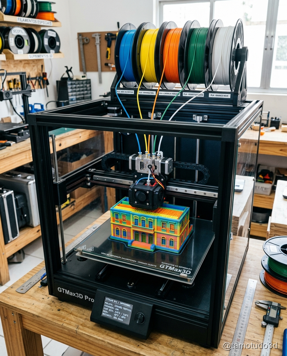 Impressora 3D multicolorida imprimindo objeto vibrante