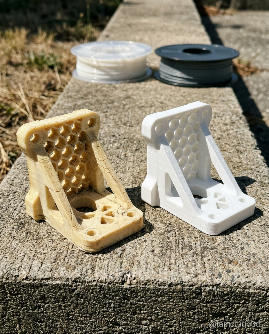 Pecas 3D em ASA e ABS expostas ao sol em comparativo de resistencia