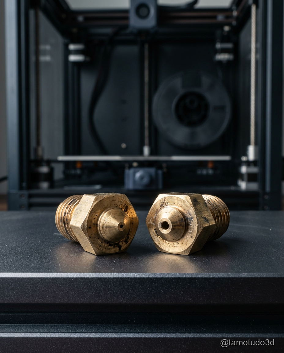 Bicos de impressao 3D de 0.4mm e 0.6mm lado a lado em bancada