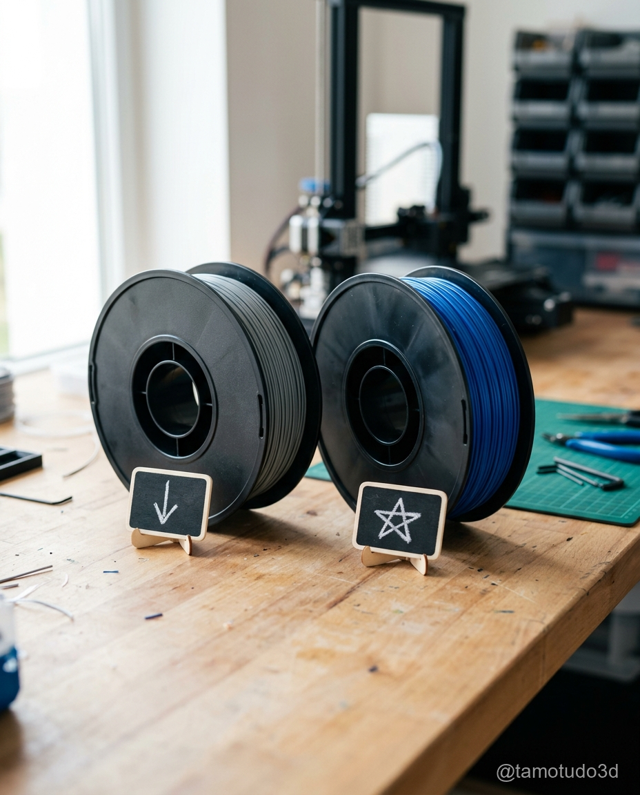 Comparativo de filamentos para impressão 3D, destacando diferenças de qualidade e custo