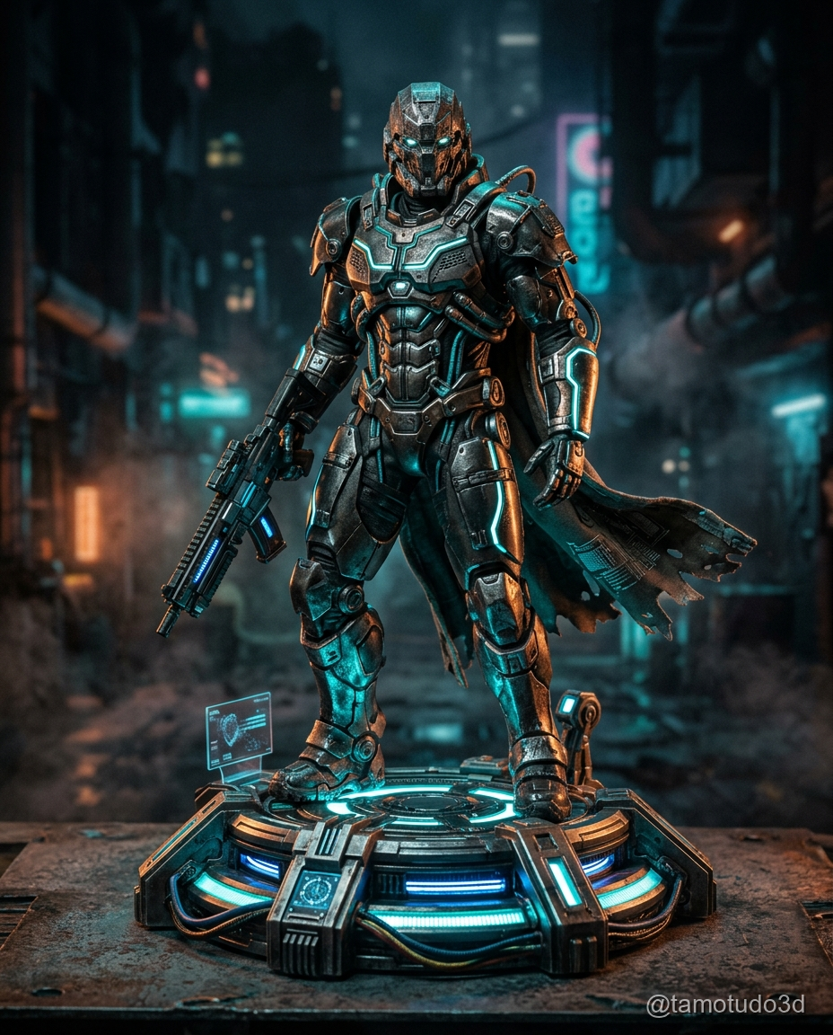 Action figure cyberpunk criada com inteligência artificial para impressão 3D
