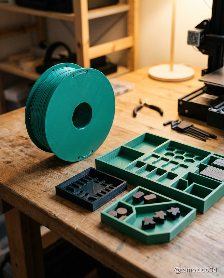 Rolo PLA Voolt3D ao lado de bandejas de insert impressas