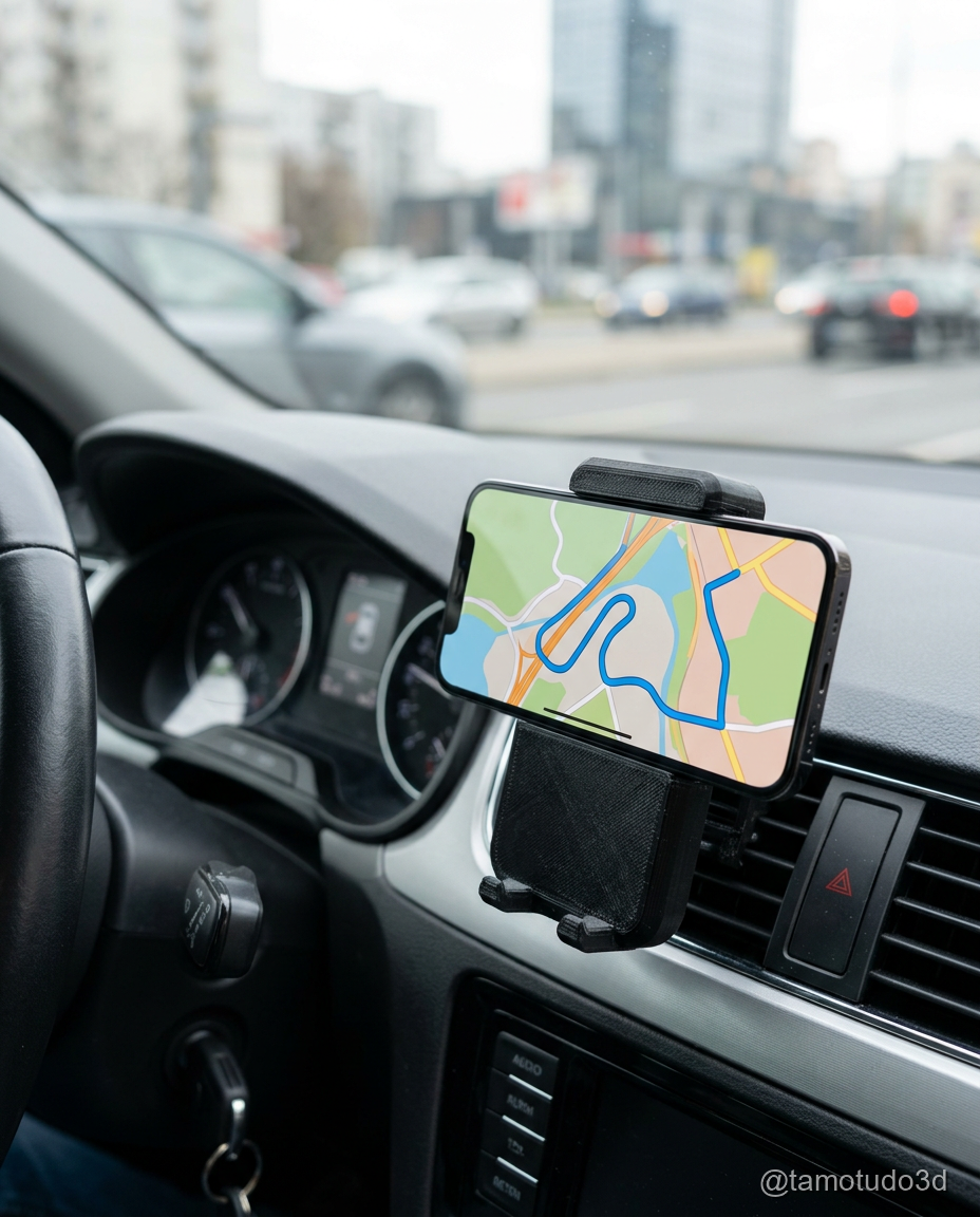 Suporte 3D para smartphone instalado no painel do carro segurando celular com mapa