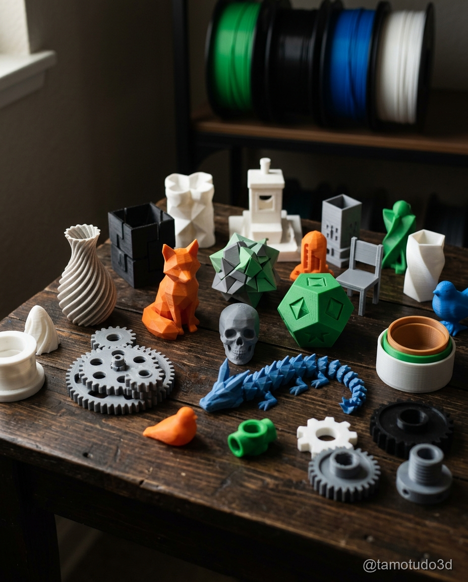 Coleção de miniaturas impressas demonstrando o rendimento de um único rolo de PLA