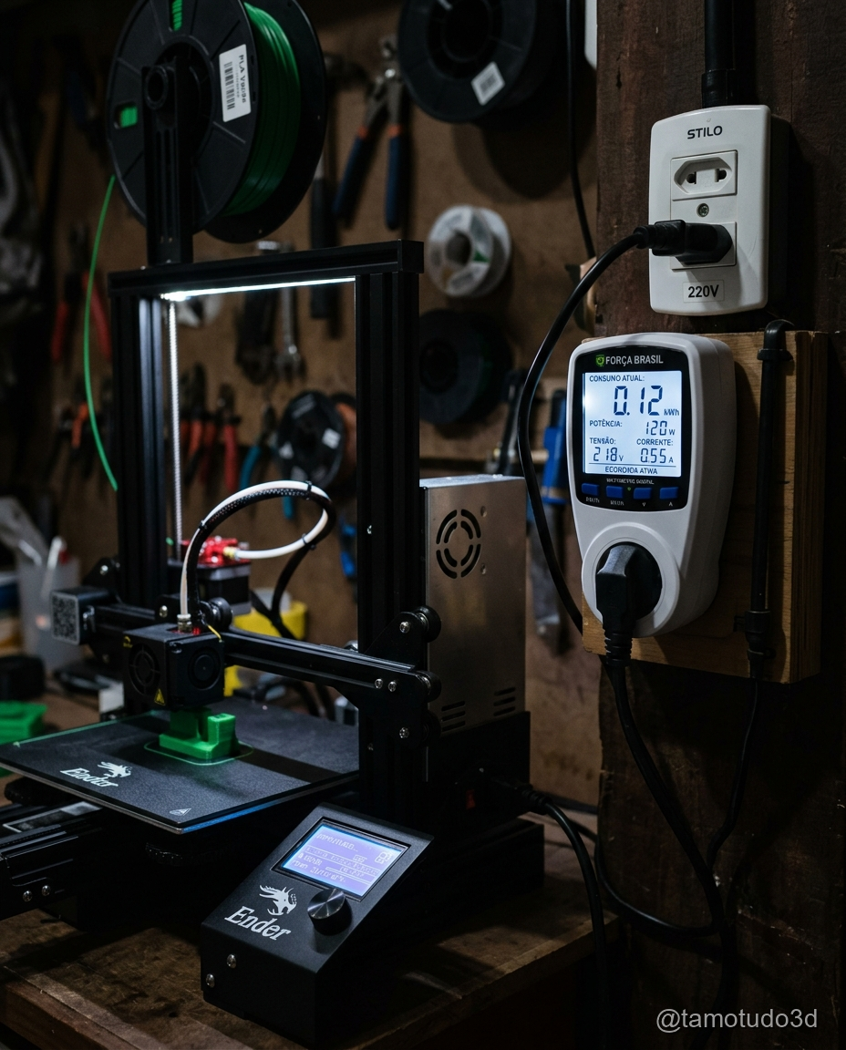 Impressora 3D Ender 3 funcionando em mesa com baixo consumo de energia