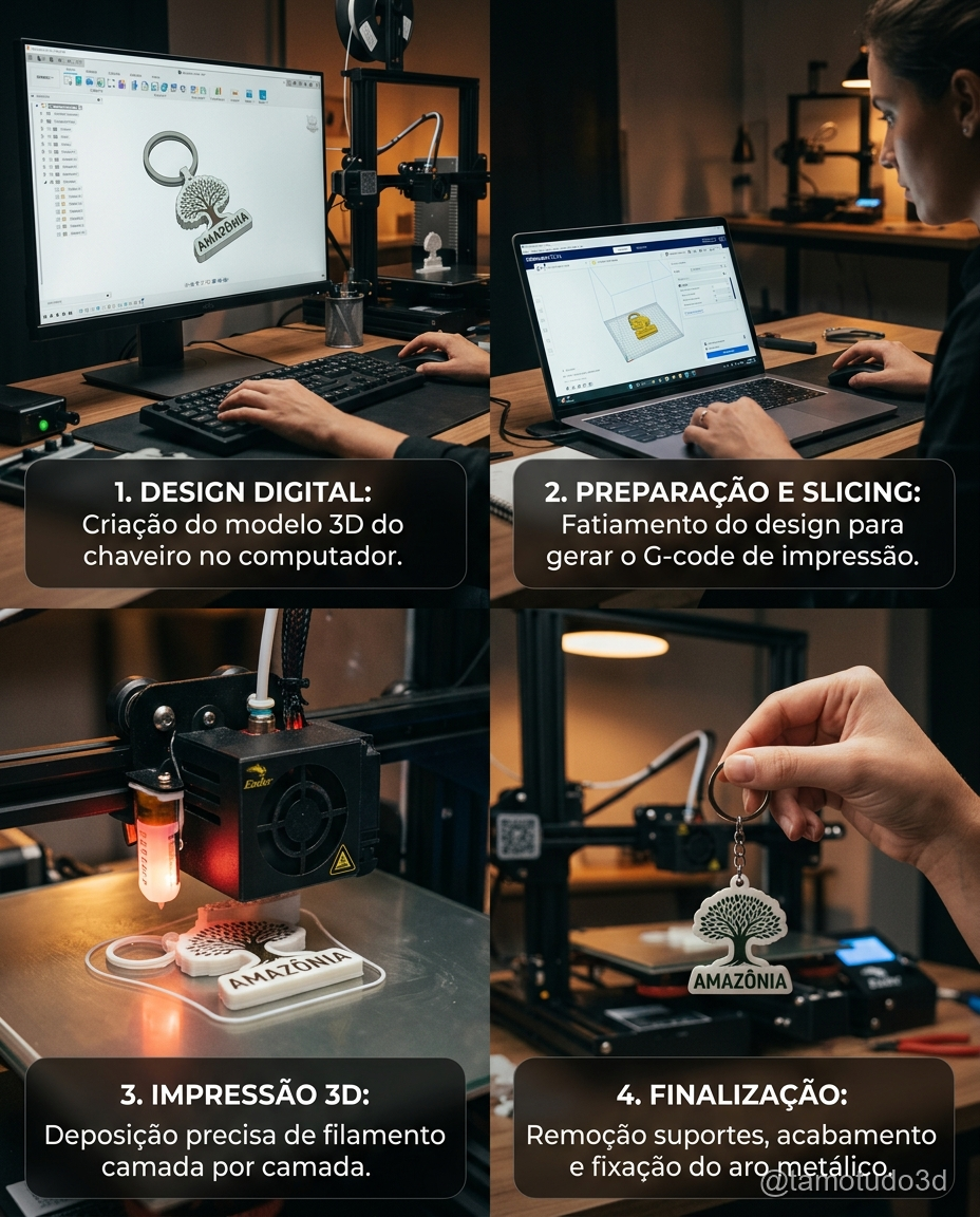 Colecao de chaveiros e pequenos suportes impressos com baixo custo